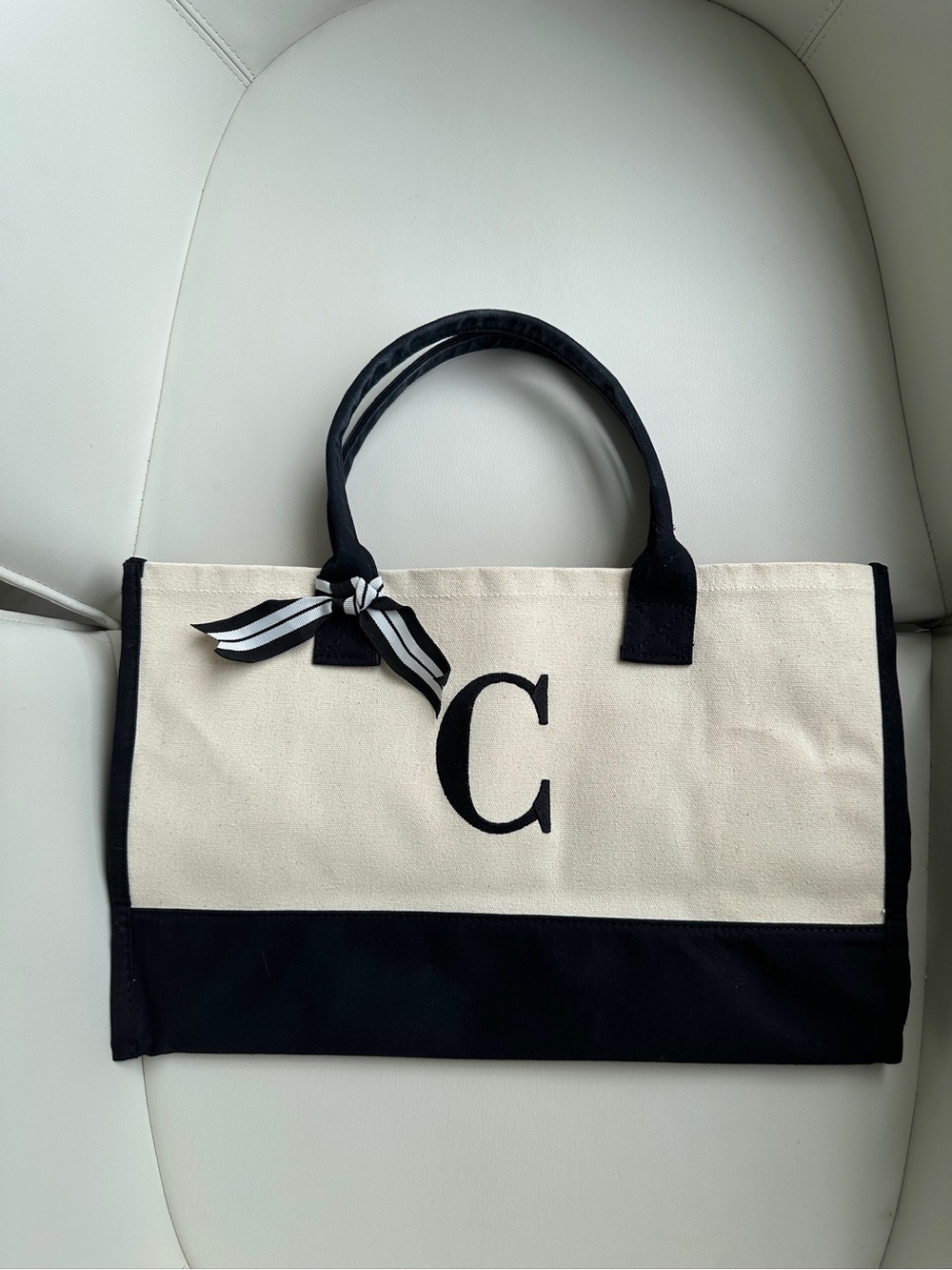 Black and Cream C Initial Tote Beach Preppy Structured Bag with Ribbon Accent